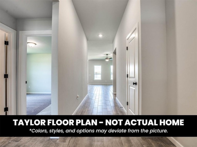 8509 NW 76th St, Oklahoma City, OK 73132 - hall featuring baseboards, wood finished floors, and recessed lighting