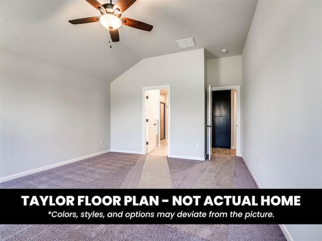 8509 NW 76th St, Oklahoma City, OK 73132 - unfurnished bedroom featuring lofted ceiling, baseboards, carpet, a ceiling fan, and ensuite bath