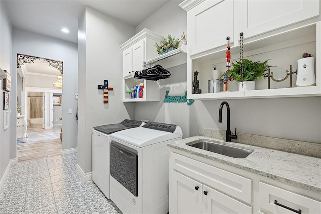 4813 Hambletonian Ln, Mustang, OK 73064 - laundry room with washing machine and clothes dryer, cabinet space, baseboards, recessed lighting, and light tile patterned floors