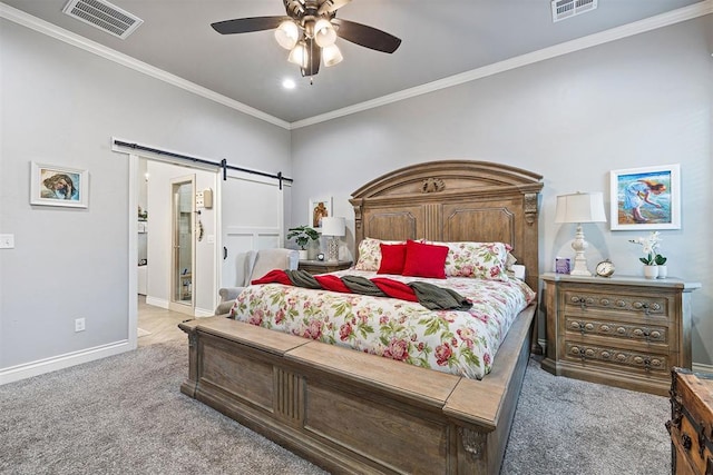 4813 Hambletonian Ln, Mustang, OK 73064 - bedroom with a barn door, carpet, baseboards, crown molding, and ceiling fan