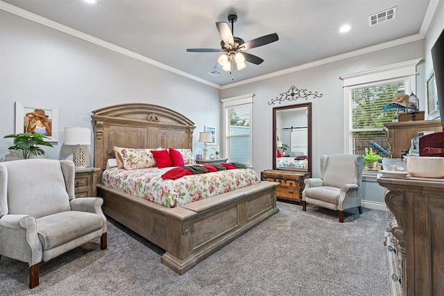 4813 Hambletonian Ln, Mustang, OK 73064 - bedroom with carpet floors, a ceiling fan, crown molding, recessed lighting, and baseboards