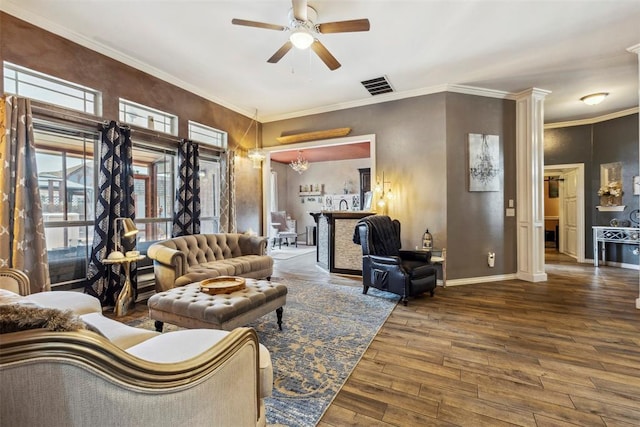 704 N Geronimo Way, Mustang, OK 73064 - living room featuring a ceiling fan, hardwood / wood-style floors, and ornamental molding