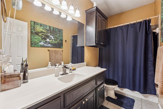 704 N Geronimo Way, Mustang, OK 73064 - bathroom featuring tile patterned flooring, vanity, and curtained shower