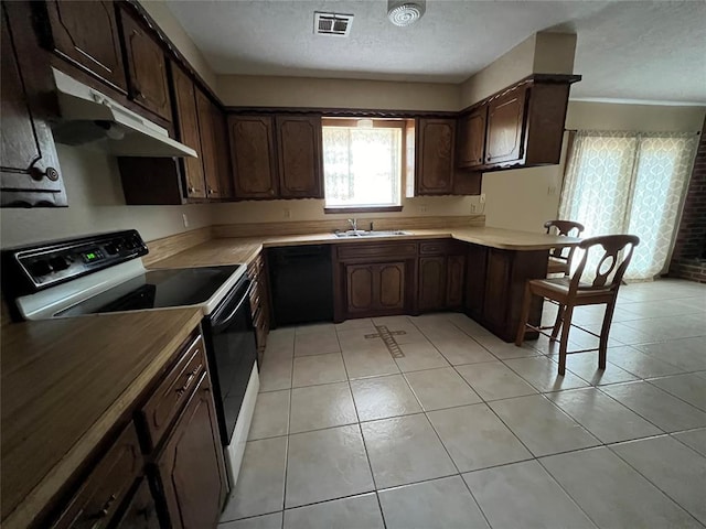 3014 S Mission St, Anadarko, OK 73005 - kitchen featuring electric range oven, under cabinet range hood, a textured ceiling, a peninsula, and dishwasher