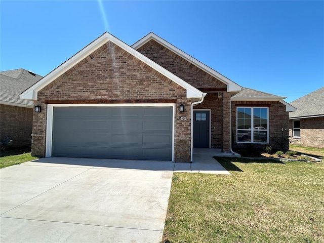 14201 Giverny Ave, Yukon, OK 73099 - ranch-style house featuring an attached garage, concrete driveway, a front lawn, and brick siding