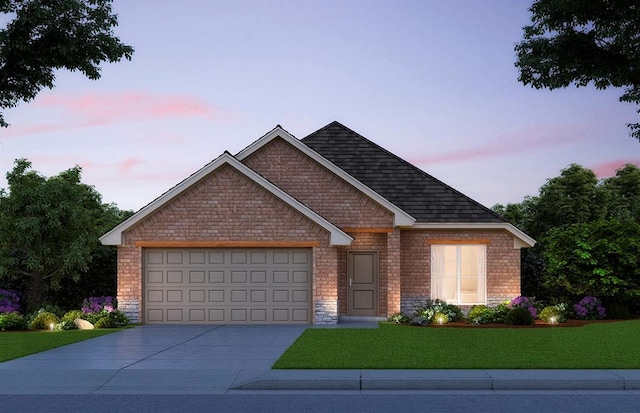 14201 Giverny Ave, Yukon, OK 73099 - view of front of home with an attached garage, a front lawn, concrete driveway, and stone siding