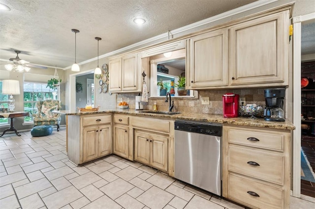 106 Dee Dee Dr, Shawnee, OK 74804 - kitchen with stainless steel dishwasher, a sink, light brown cabinetry, crown molding, and a ceiling fan