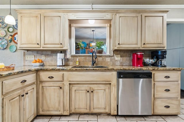 106 Dee Dee Dr, Shawnee, OK 74804 - kitchen featuring dishwasher, a sink, light brown cabinetry, and ornamental molding