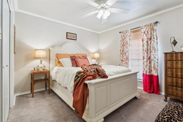 106 Dee Dee Dr, Shawnee, OK 74804 - bedroom with light colored carpet, ornamental molding, and ceiling fan