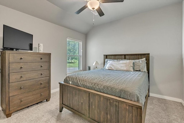 2383 Fox Ln, Blanchard, OK 73010 - bedroom with light carpet, baseboards, lofted ceiling, and a ceiling fan