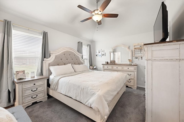 19908 Taggert Dr, Edmond, OK 73012 - carpeted bedroom with lofted ceiling and ceiling fan