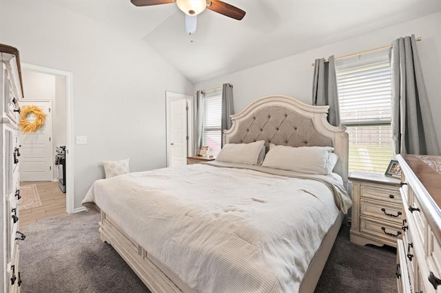19908 Taggert Dr, Edmond, OK 73012 - bedroom featuring vaulted ceiling, carpet floors, and ceiling fan