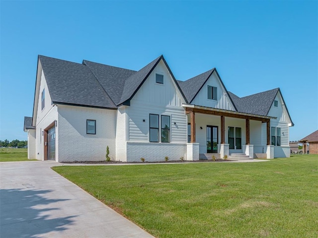 5812 Cimarron Mnr, Guthrie, OK 73044 - modern farmhouse with concrete driveway, a shingled roof, covered porch, and board and batten siding