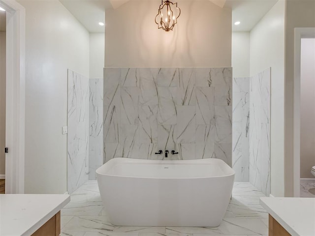 5812 Cimarron Mnr, Guthrie, OK 73044 - full bathroom featuring vanity, marble finish flooring, tile walls, recessed lighting, and a wainscoted wall