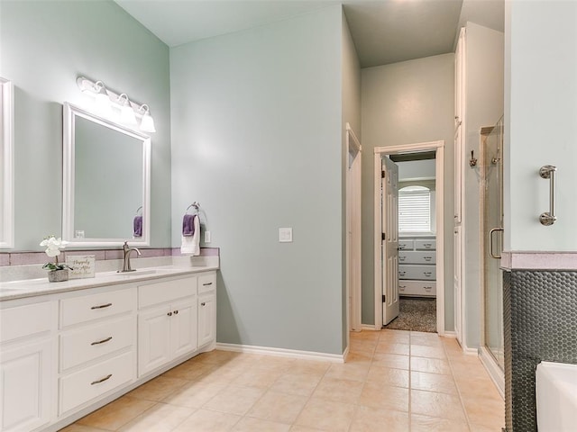 113 Stone Creek Dr, Midwest City, OK 73130 - bathroom with double vanity, a shower stall, tile patterned flooring, and a tub