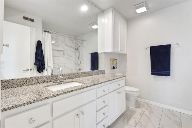 7802 Old Hickory Ln, Oklahoma City, OK 73116 - full bathroom with marble look tile flooring, vanity, toilet, a shower with shower curtain, and baseboards
