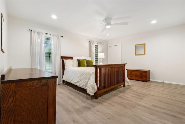 7802 Old Hickory Ln, Oklahoma City, OK 73116 - bedroom with light wood finished floors, baseboards, recessed lighting, and ceiling fan