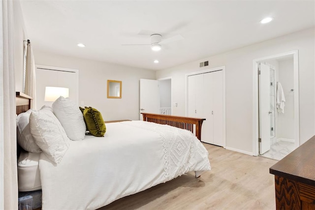7802 Old Hickory Ln, Oklahoma City, OK 73116 - bedroom with light wood-style floors, recessed lighting, baseboards, ceiling fan, and ensuite bathroom
