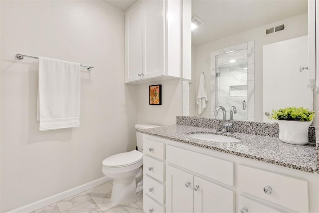 7802 Old Hickory Ln, Oklahoma City, OK 73116 - bathroom with marble look tiles, vanity, a shower stall, toilet, and baseboards