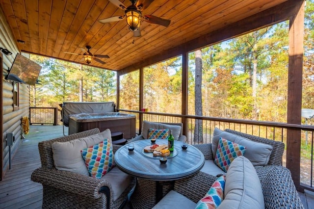 59 Sweet Elm, Broken Bow, OK 74728 - deck featuring a hot tub, outdoor lounge area, and ceiling fan