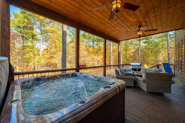 59 Sweet Elm, Broken Bow, OK 74728 - sunroom / solarium featuring a hot tub and a ceiling fan