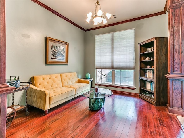 16441 Roserock Cir, Choctaw, OK 73020 - living area featuring a chandelier, hardwood / wood-style floors, and crown molding