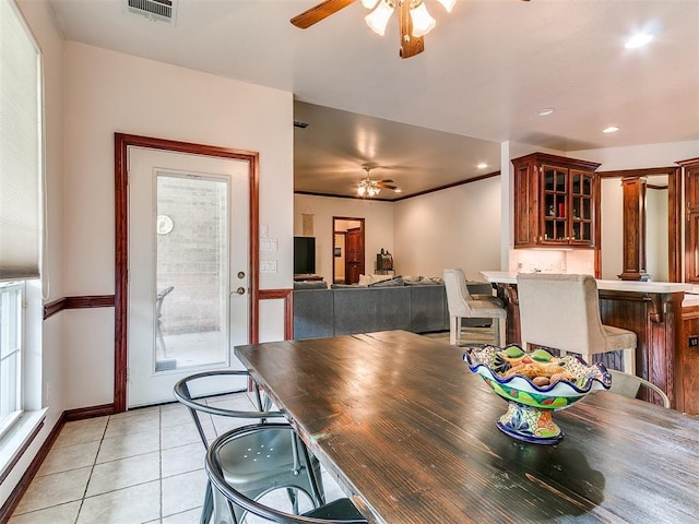 16441 Roserock Cir, Choctaw, OK 73020 - dining area with a ceiling fan, a baseboard radiator, light tile patterned floors, baseboards, and recessed lighting