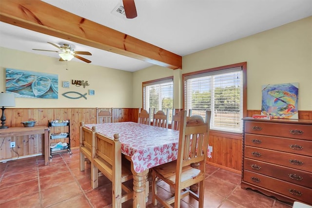 23596 Beach Haven Dr, Granite, OK 73547 - dining space with a wainscoted wall, wood walls, a ceiling fan, light tile patterned floors, and beam ceiling
