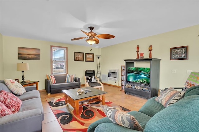 23596 Beach Haven Dr, Granite, OK 73547 - living area featuring light tile patterned floors, a ceiling fan, heating unit, and baseboards