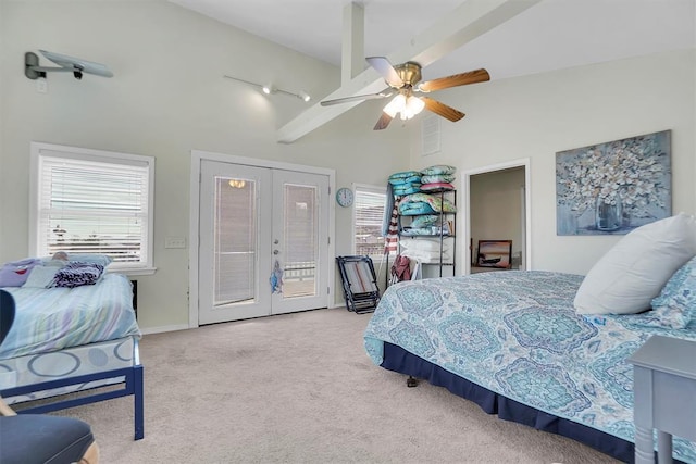 23596 Beach Haven Dr, Granite, OK 73547 - bedroom featuring french doors, access to exterior, multiple windows, carpet floors, and high vaulted ceiling