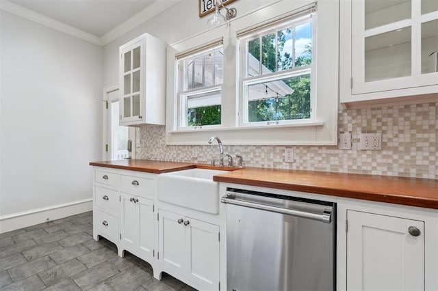 430 W Symmes St, Norman, OK 73069 - kitchen featuring wood counters, dishwasher, a sink, decorative backsplash, and crown molding