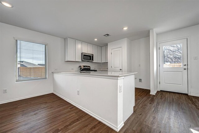 3717 Palmetto Bluff Dr, Mustang, OK 73064 - kitchen featuring stainless steel microwave, stove, dark wood finished floors, a peninsula, and plenty of natural light