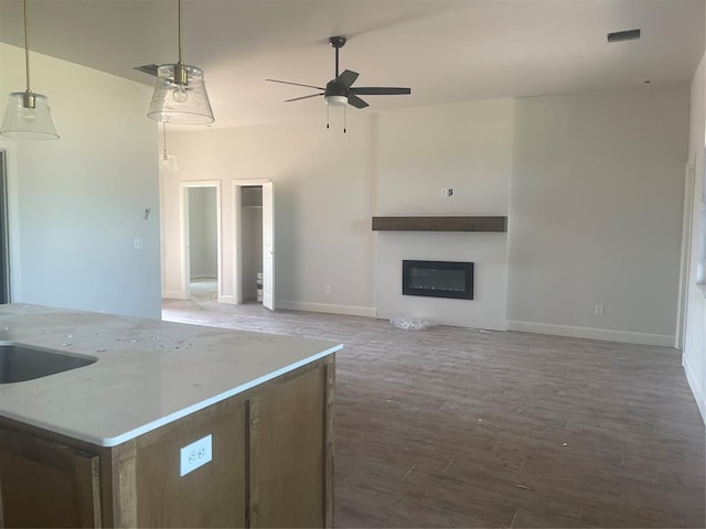 5100 Misty Wood Ln, Mustang, OK 73064 - kitchen with a ceiling fan, a glass covered fireplace, wood finished floors, and open floor plan