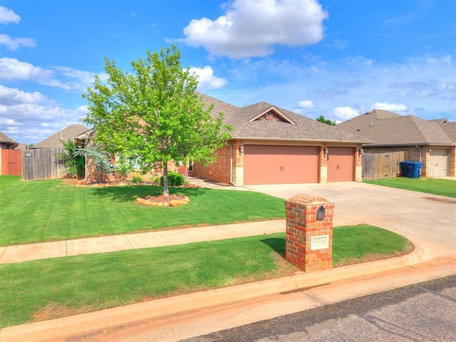 15508 Homecoming Dr, Edmond, OK 73013 - ranch-style house with an attached garage, driveway, brick siding, and a shingled roof