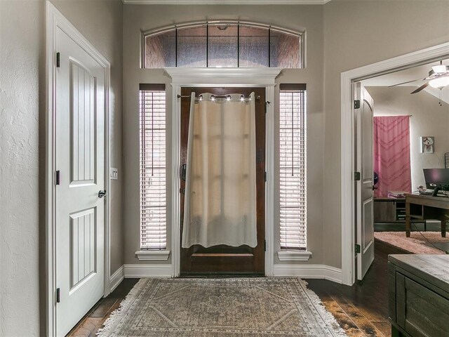 15508 Homecoming Dr, Edmond, OK 73013 - foyer with baseboards, dark wood-style flooring, ceiling fan, and plenty of natural light