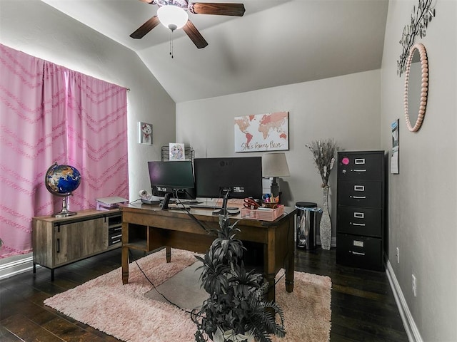 15508 Homecoming Dr, Edmond, OK 73013 - office with dark wood-style flooring, a ceiling fan, lofted ceiling, and baseboards