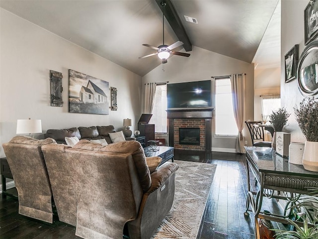 15508 Homecoming Dr, Edmond, OK 73013 - living room featuring dark wood-type flooring, ceiling fan, a brick fireplace, and baseboards