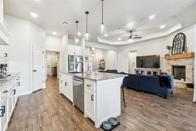 4442 Violet St, Tuttle, OK 73089 - kitchen with stainless steel appliances, a tray ceiling, dark wood-style floors, a sink, and ceiling fan