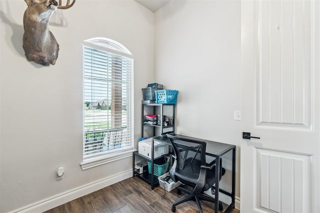 4442 Violet St, Tuttle, OK 73089 - home office featuring baseboards and dark wood finished floors