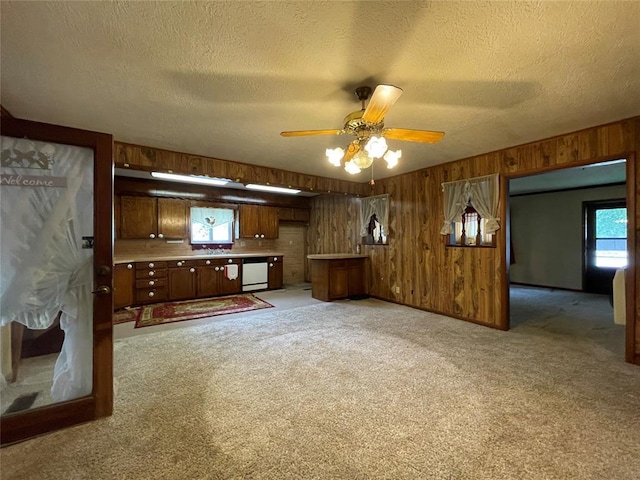 403 NW 3rd St, Minco, OK 73059 - unfurnished living room with wooden walls, a textured ceiling, a ceiling fan, light carpet, and a sink