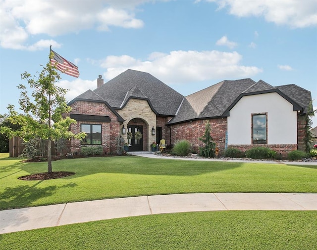 5813 Tiger Stone Dr, Mustang, OK 73064 - french country home featuring a front lawn, a shingled roof, brick siding, and a chimney