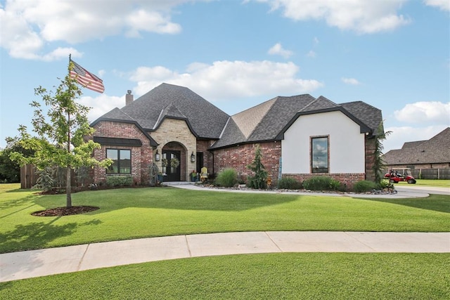 5813 Tiger Stone Dr, Mustang, OK 73064 - french country style house featuring brick siding, a front yard, roof with shingles, and a chimney