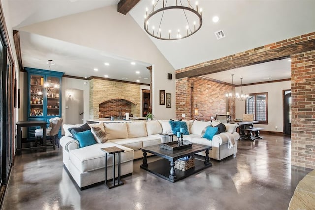 5813 Tiger Stone Dr, Mustang, OK 73064 - living area featuring a chandelier, finished concrete floors, high vaulted ceiling, brick wall, and beamed ceiling