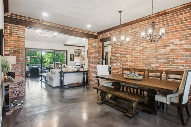5813 Tiger Stone Dr, Mustang, OK 73064 - dining room featuring a chandelier, finished concrete floors, brick wall, and recessed lighting