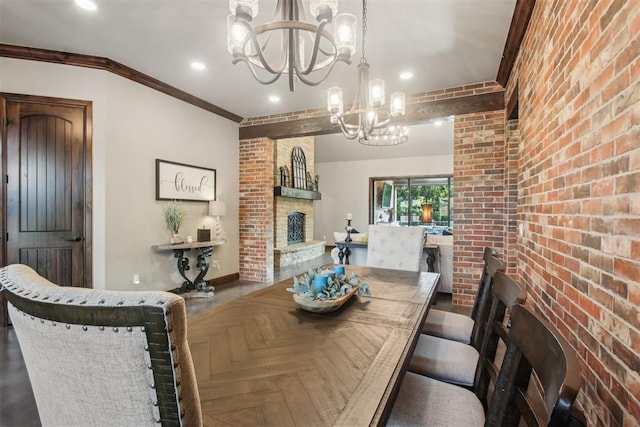 5813 Tiger Stone Dr, Mustang, OK 73064 - dining room with a chandelier, baseboards, a fireplace, recessed lighting, and brick wall