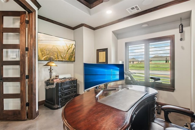 5813 Tiger Stone Dr, Mustang, OK 73064 - office area with crown molding, concrete floors, and recessed lighting