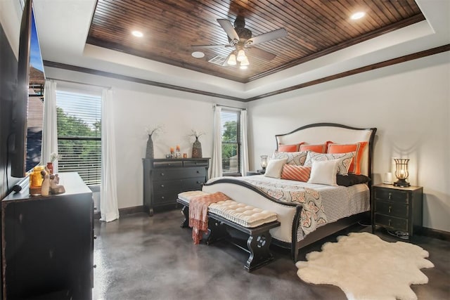 5813 Tiger Stone Dr, Mustang, OK 73064 - bedroom featuring a raised ceiling, baseboards, wooden ceiling, concrete floors, and ceiling fan