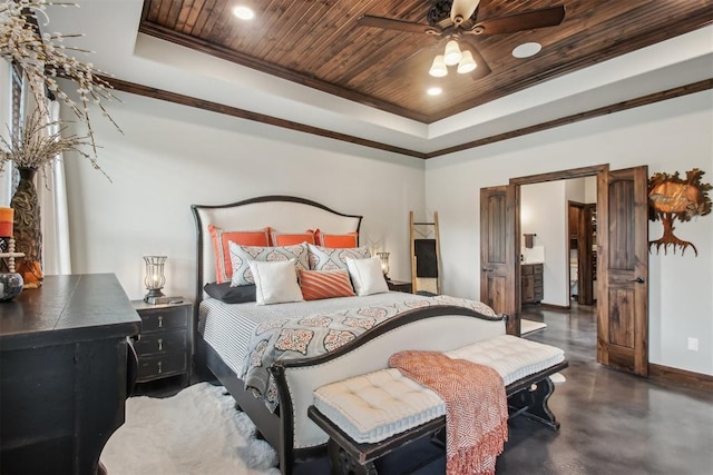5813 Tiger Stone Dr, Mustang, OK 73064 - bedroom with a tray ceiling, concrete flooring, baseboards, wood ceiling, and ornamental molding