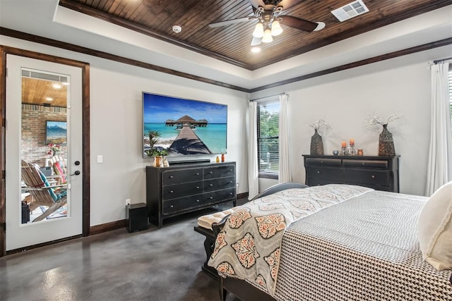 5813 Tiger Stone Dr, Mustang, OK 73064 - bedroom featuring a tray ceiling, baseboards, finished concrete flooring, wood ceiling, and ceiling fan