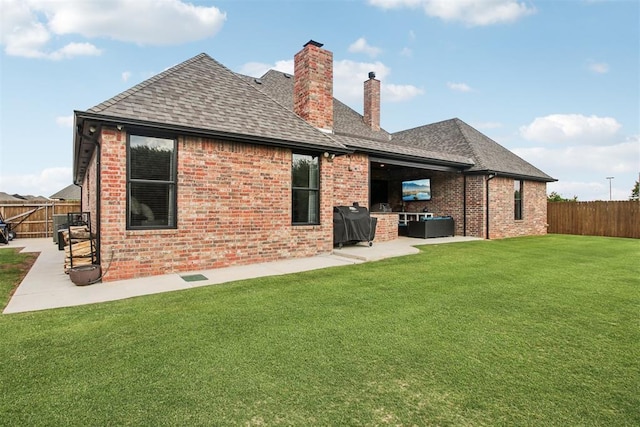 5813 Tiger Stone Dr, Mustang, OK 73064 - rear view of property with a patio area, a chimney, roof with shingles, and brick siding